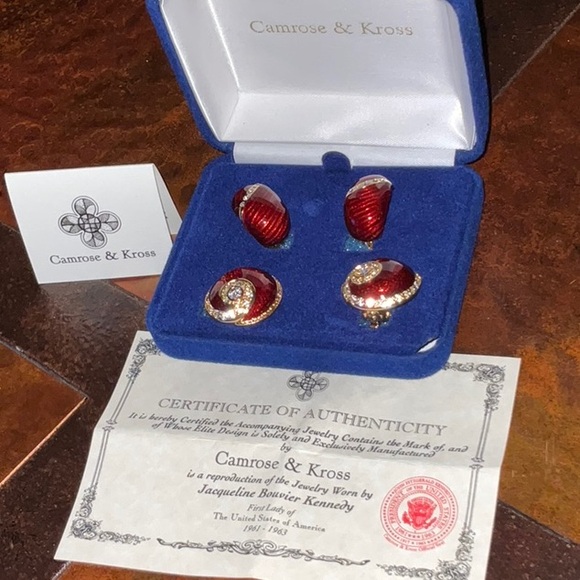 Camrose & Kross JBK Clip Earrings Gold-Tone Red Enamel Sparkly Crystals IOB - Picture 2 of 9